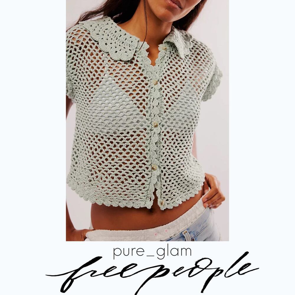 Free People crochet top open knit button-front - Picture 6 of 6